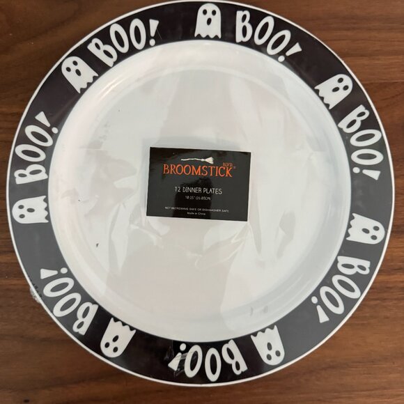 12 Broomstick BLVD Ghost Boo Border Plastic Dinner Plates NEW - Picture 2 of 3